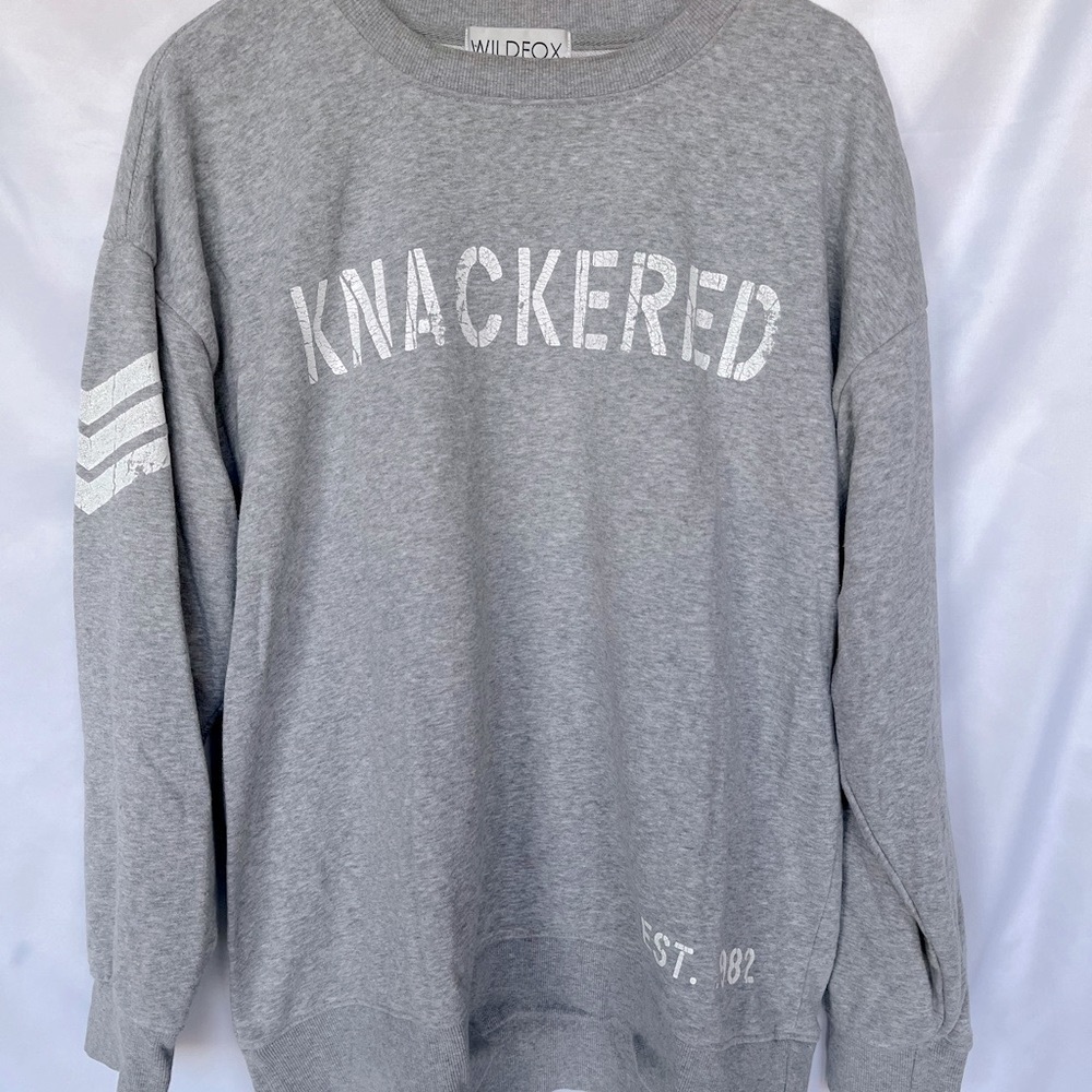 Wildfox Gray Crewneck “Roadtrip” Sweatshirt with Knackered Print (oversized)